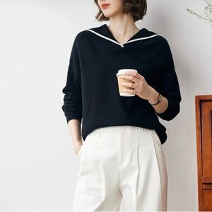 Chic 100% Cashmere Black V-Neck Sweater with White Trim